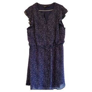 Reitmans Navy Blue Button Up Dress With Tie Waist Ruffle Sleeves Speckled